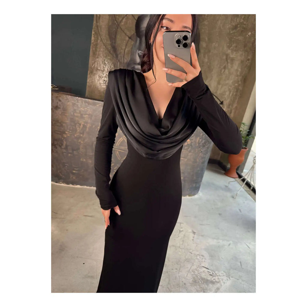Mildred Black for Lycra Long Dress with Shoulder Padded Pleated Cowl Neck Elegant Evening Dresses