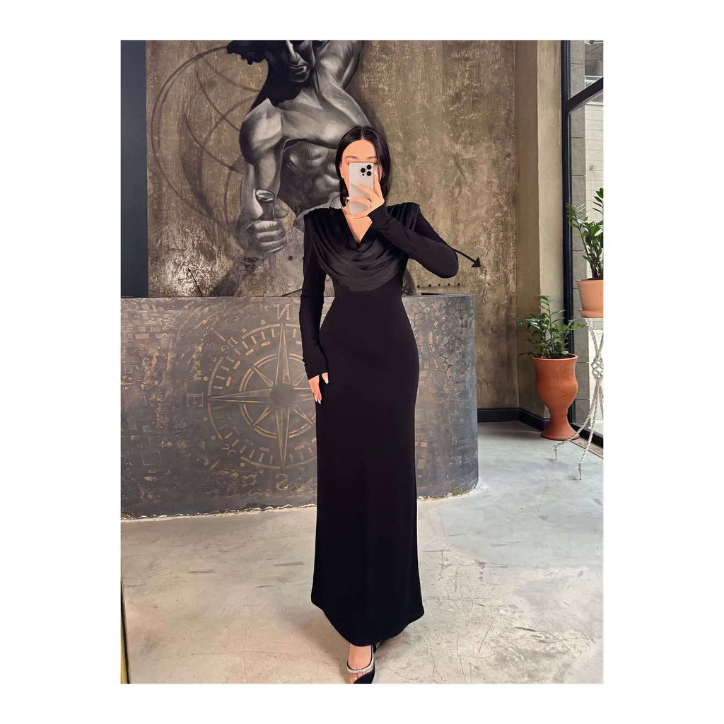 Mildred Black for Lycra Long Dress with Shoulder Padded Pleated Cowl Neck Elegant Evening Dresses
