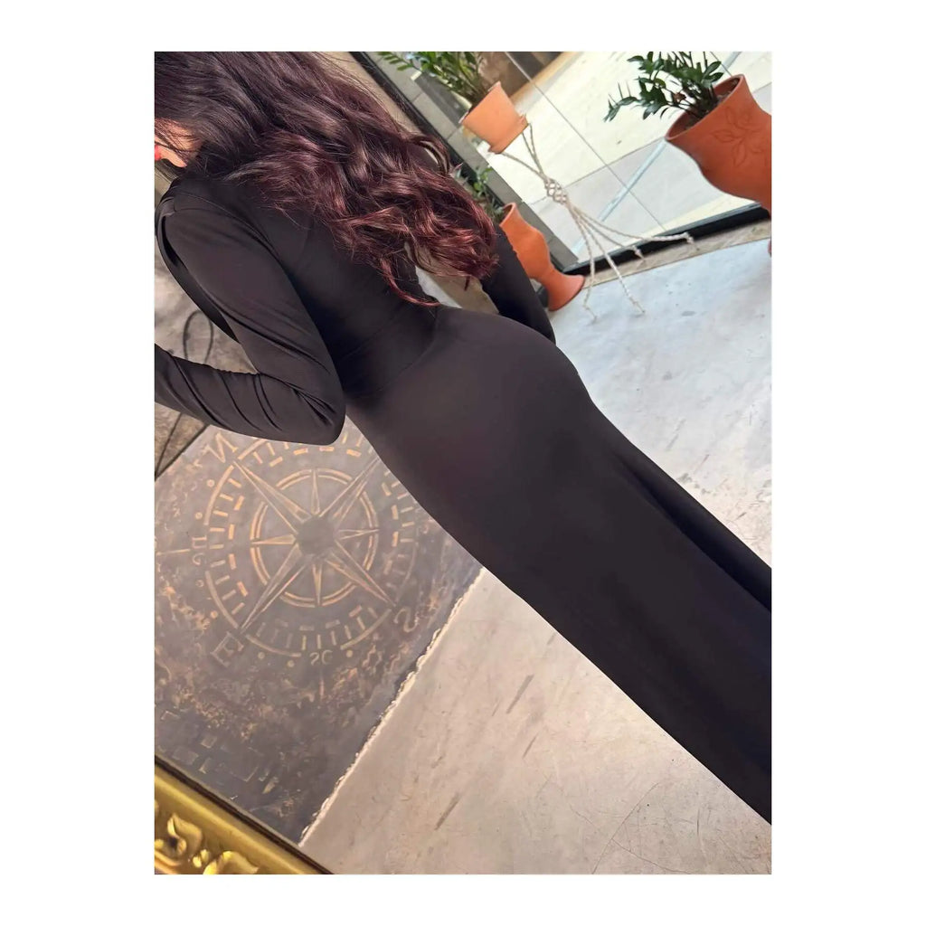 Mildred Black for Lycra Long Dress with Shoulder Padded Pleated Cowl Neck Elegant Evening Dresses