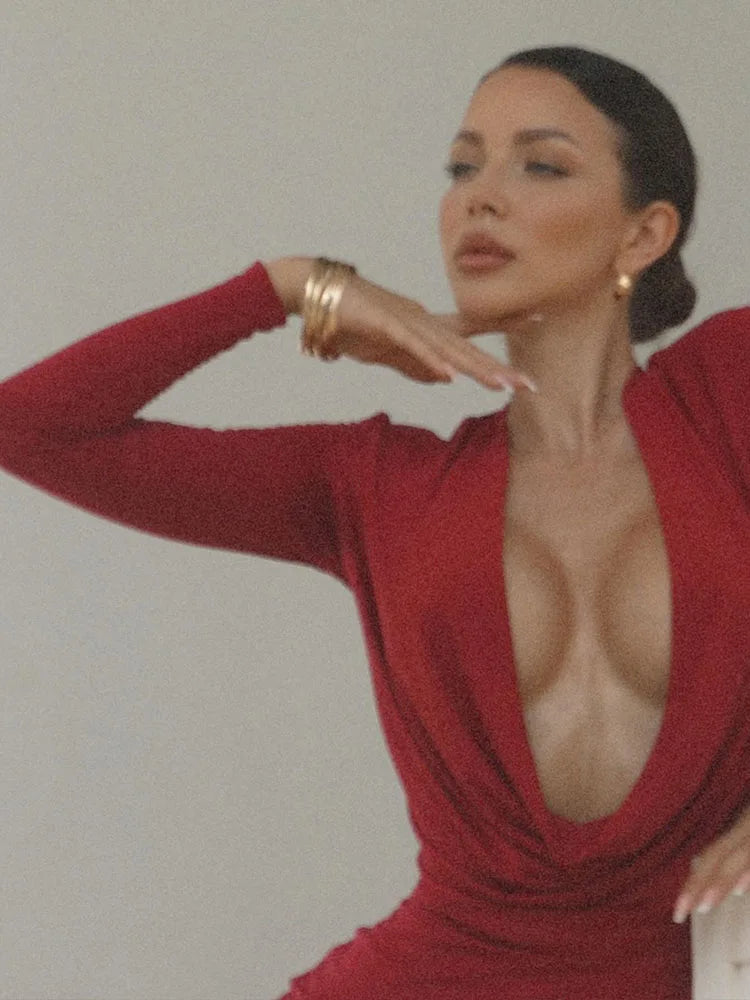 Robes de soirée à manches longues pour femmes, col oscillant profond, mince, hanche ronde, robes éducatives pour femmes, vêtements de fête sexy, monochromatique, mode