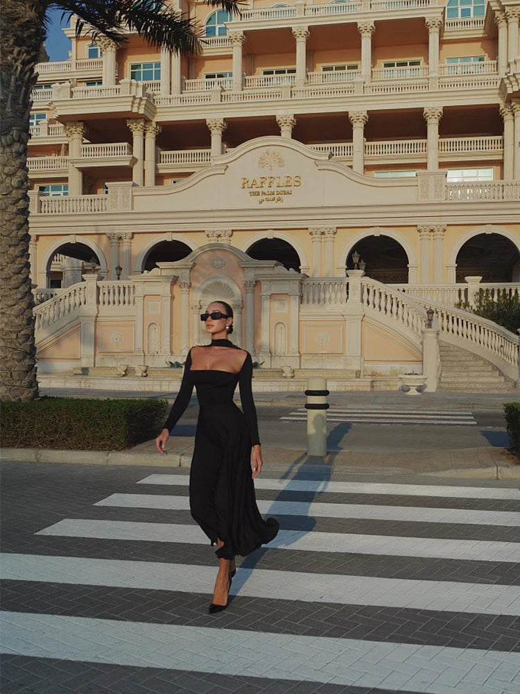 Ahagaga-Robes longues monochromes pour femmes, robes évidées, manches longues, sans bretelles, streetwear de fête élégant, mode féminine, robes éducatives