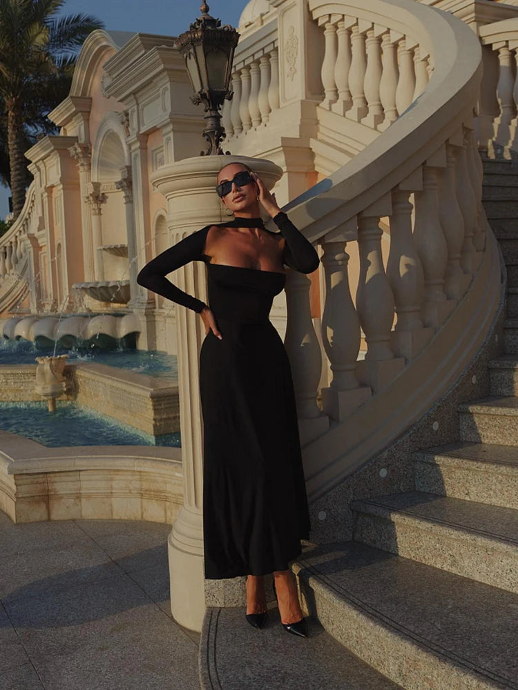 Ahagaga-Robes longues monochromes pour femmes, robes évidées, manches longues, sans bretelles, streetwear de fête élégant, mode féminine, robes éducatives