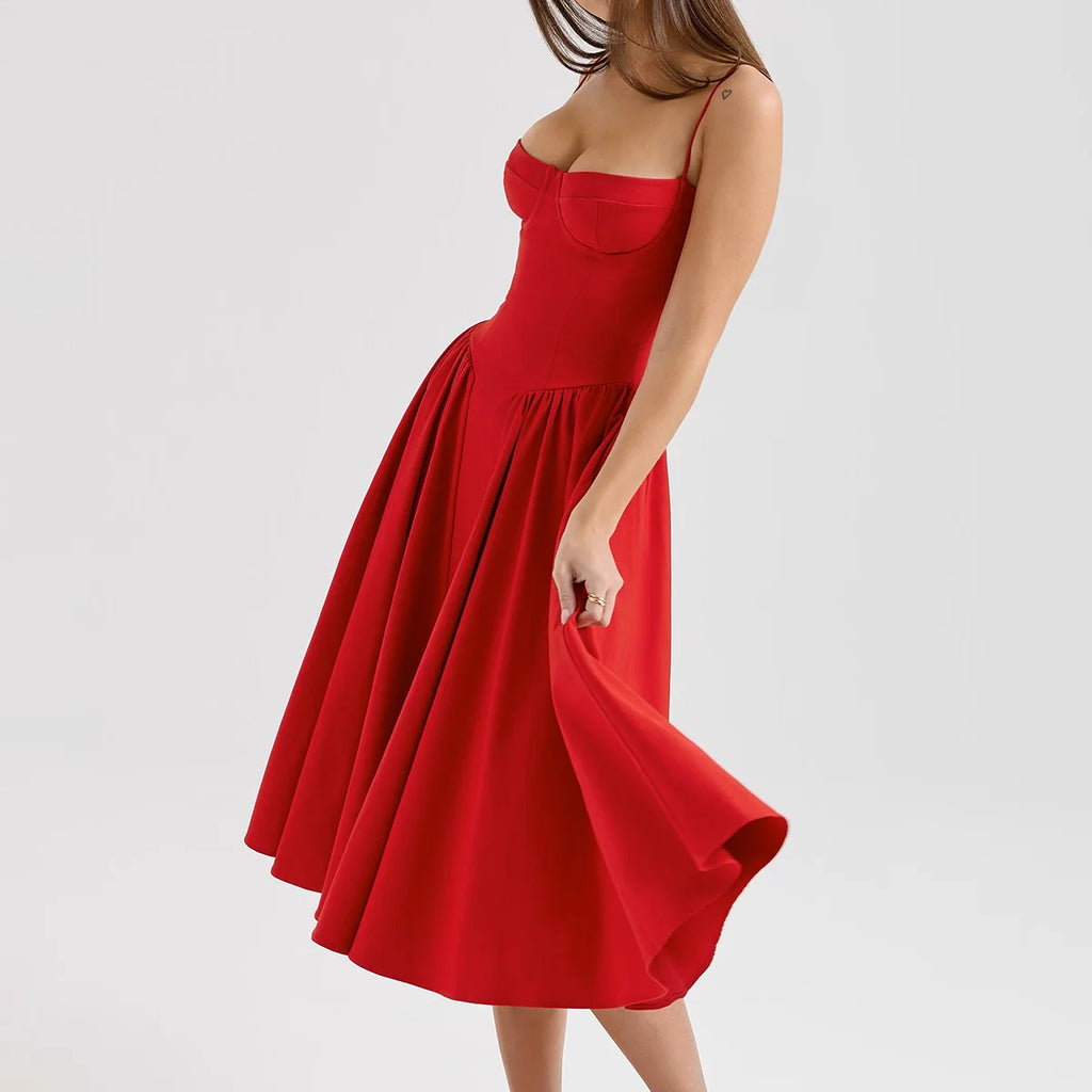Suninheart Spaghetti sangle robes de soirée d'été 2025 nouveautés Fit et Flare robe mi-longue élégante robe de Date de nuit rouge