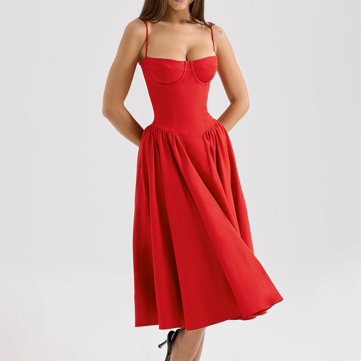 Suninheart Spaghetti sangle robes de soirée d'été 2025 nouveautés Fit et Flare robe mi-longue élégante robe de Date de nuit rouge
