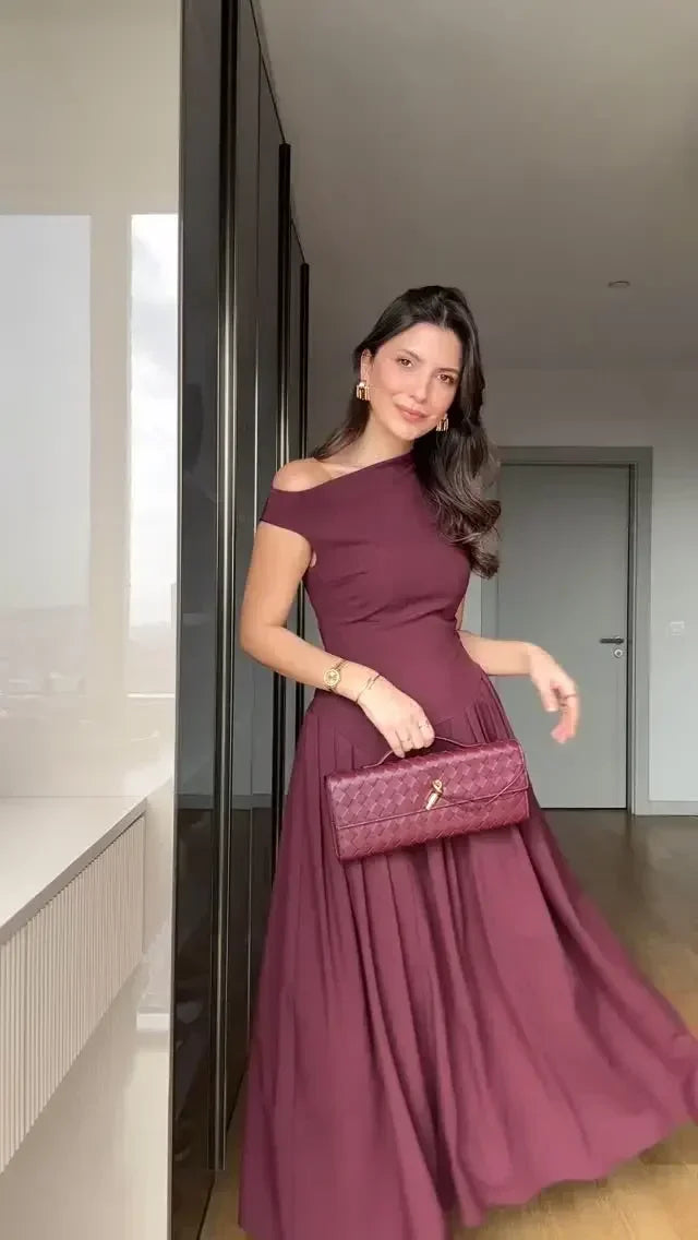 Robe longue cintrée à col incliné sans bretelles pour femmes, monochromatique, taille en fibre, robe trapèze, vêtements pour femmes, nouvelle mode, printemps, été, 2025