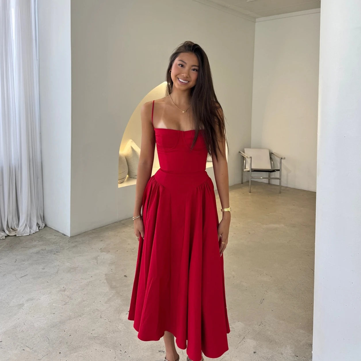 Suninheart Spaghetti sangle robes de soirée d'été 2025 nouveautés Fit et Flare robe mi-longue élégante robe de Date de nuit rouge