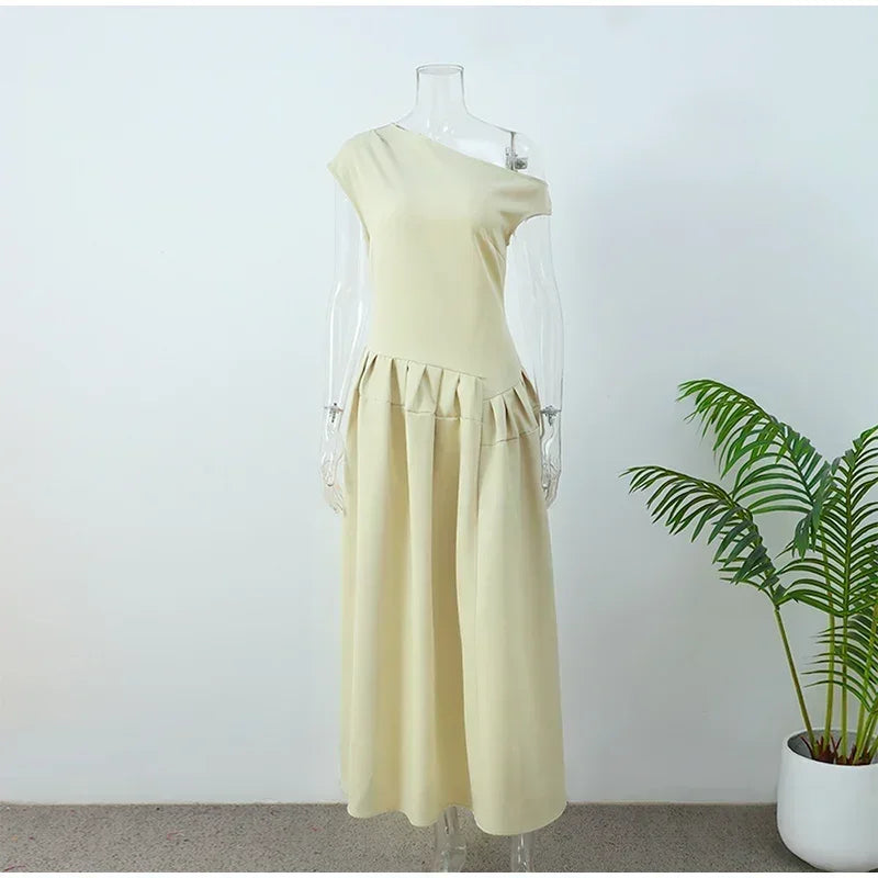 Robe longue cintrée à col incliné sans bretelles pour femmes, monochromatique, taille en fibre, robe trapèze, vêtements pour femmes, nouvelle mode, printemps, été, 2025