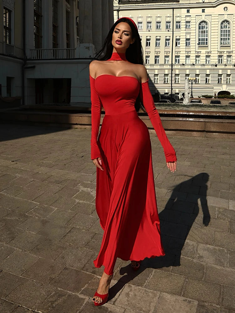 Ahagaga-Robes longues monochromes pour femmes, robes évidées, manches longues, sans bretelles, streetwear de fête élégant, mode féminine, robes éducatives