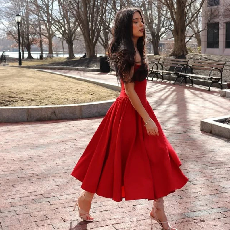 Suninheart Spaghetti sangle robes de soirée d'été 2025 nouveautés Fit et Flare robe mi-longue élégante robe de Date de nuit rouge