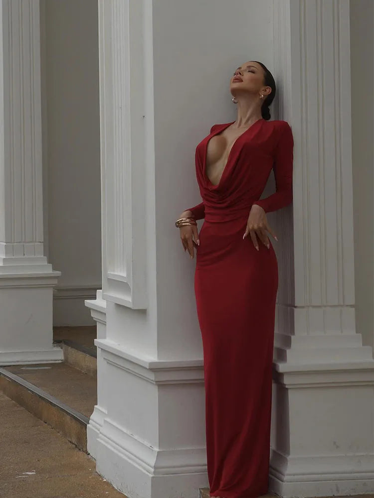 Robes de soirée à manches longues pour femmes, col oscillant profond, mince, hanche ronde, robes éducatives pour femmes, vêtements de fête sexy, monochromatique, mode