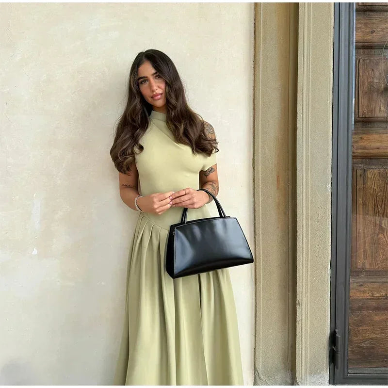 Robe longue cintrée à col incliné sans bretelles pour femmes, monochromatique, taille en fibre, robe trapèze, vêtements pour femmes, nouvelle mode, printemps, été, 2025