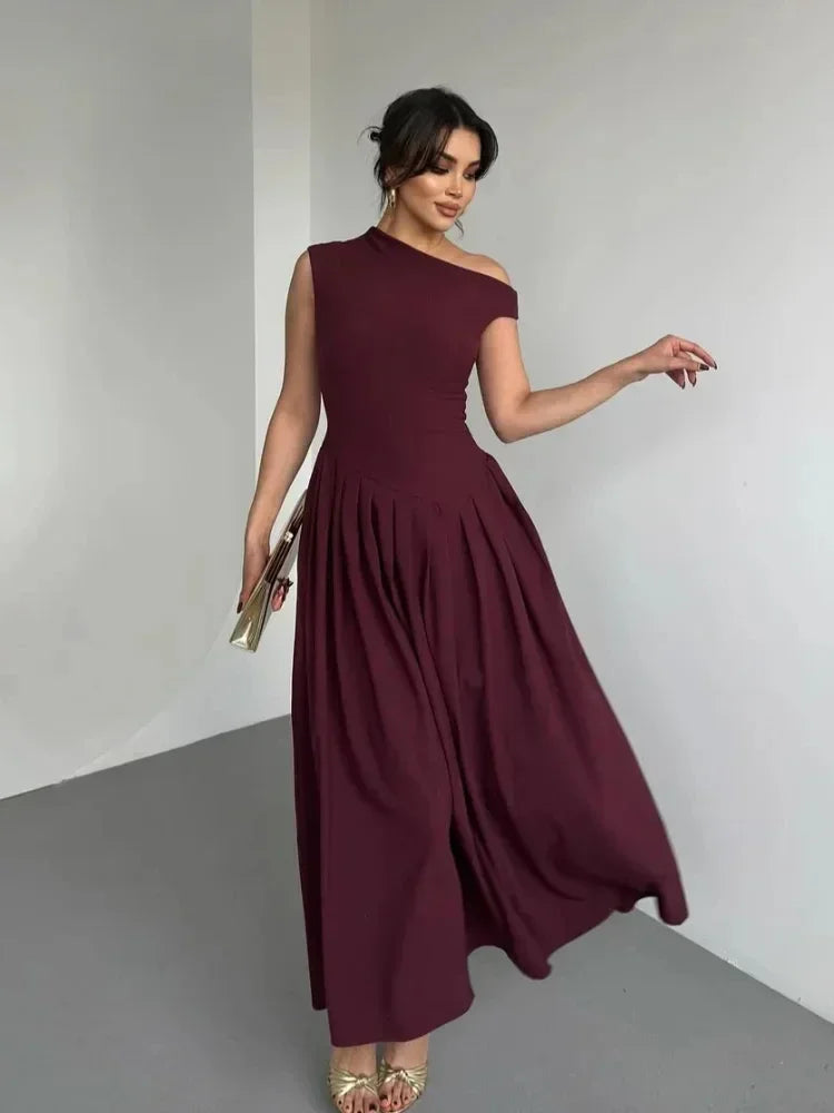 Robe longue cintrée à col incliné sans bretelles pour femmes, monochromatique, taille en fibre, robe trapèze, vêtements pour femmes, nouvelle mode, printemps, été, 2025