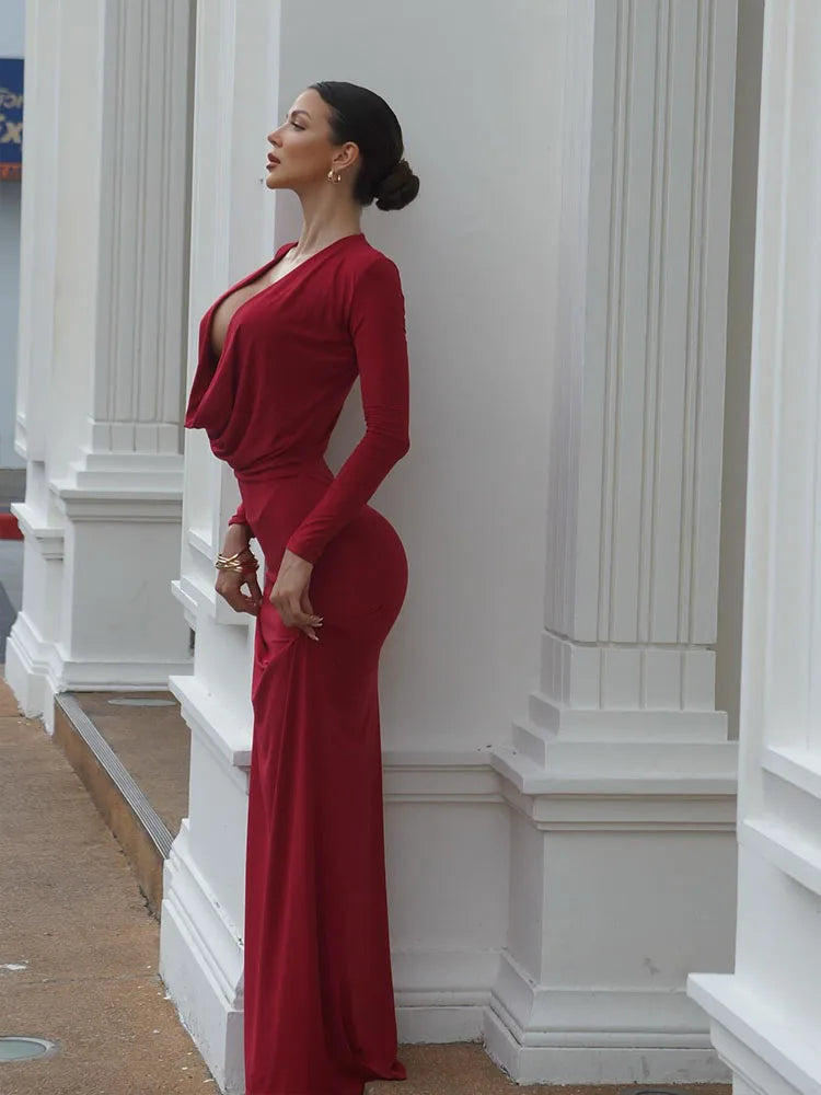 Robes de soirée à manches longues pour femmes, col oscillant profond, mince, hanche ronde, robes éducatives pour femmes, vêtements de fête sexy, monochromatique, mode