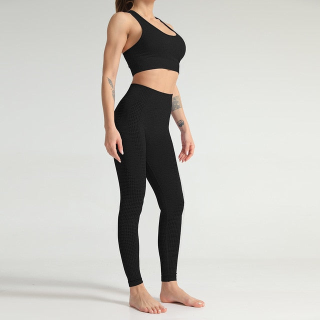 Lycra Seamless 2PCS Women Yoga Set Gym Clothing Fitness Leggings+Cropped Shirts Sport Suit Women Long Sleeve Tracksuit Active-14
