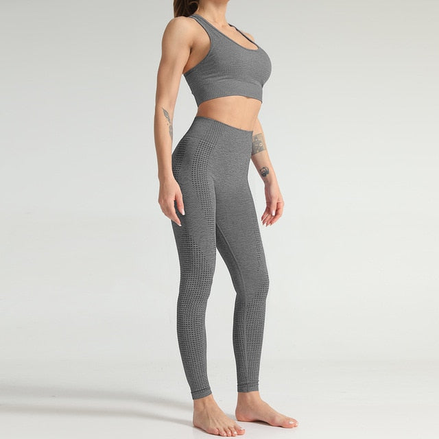 Lycra Seamless 2PCS Women Yoga Set Gym Clothing Fitness Leggings+Cropped Shirts Sport Suit Women Long Sleeve Tracksuit Active-12