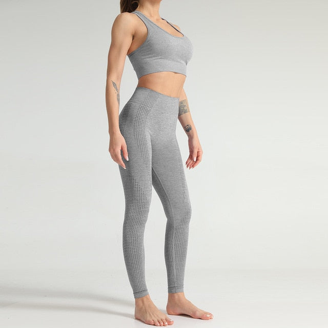 Lycra Seamless 2PCS Women Yoga Set Gym Clothing Fitness Leggings+Cropped Shirts Sport Suit Women Long Sleeve Tracksuit Active-13