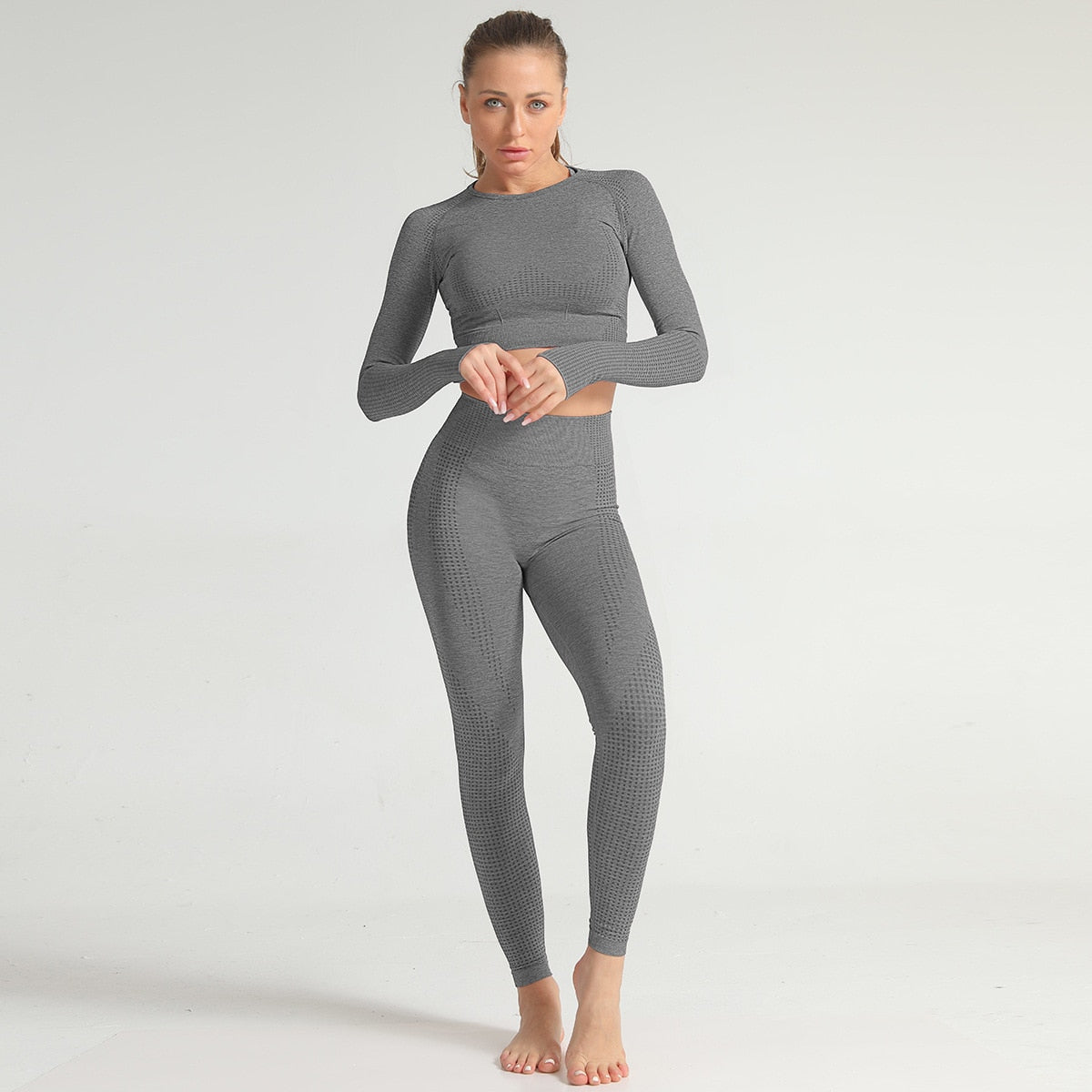 Lycra Seamless 2PCS Women Yoga Set Gym Clothing Fitness Leggings+Cropped Shirts Sport Suit Women Long Sleeve Tracksuit Active-7